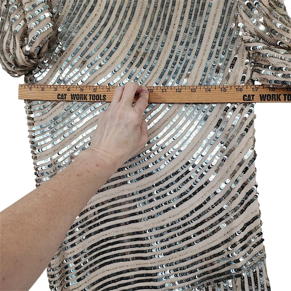 Judith Ann Creations Dress XS Women Silver Sequin Silk Long Sleeve Midi Vtg READ
